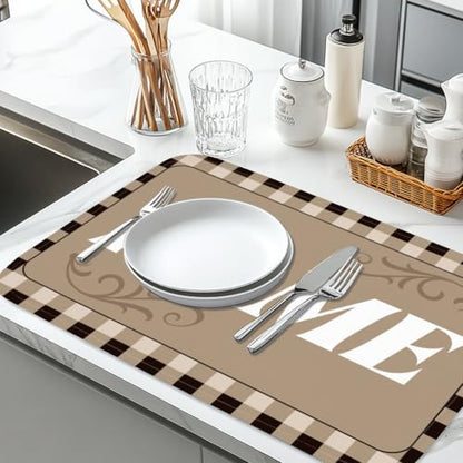 Checkered Dish Drying Mat for Kitchen Counter 18"x24" Home Absorbent Dish Drainer Mat Anti-Slip Quick Dry Heat Resistant Coffee Bar Pad for Table Faucet Sink Coffee Bar Refrigerator - style: Home