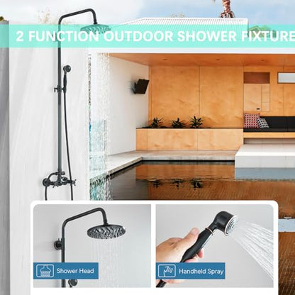 Rain Shower System Oil Rubbed Bronze Outdoor Shower Faucet Set with 8 Inch Rainfall Shower Head Handheld Spray 2 Cross Handles Wall Mounted Bathroom Shower Fixtures Solid Brass - color: Oil Rubbed Bronze, style: Two Modes