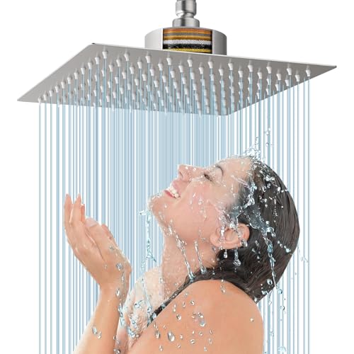 Voolan Rain Shower Head with Filtered - High Flow Bathroom Rainfall Filter Showerhead For Hard Water, Upgraded 304 Stainless Steel Construction (12"Square, Brushed Nickel) - color: Brushed Nickel, size: 12 Inch