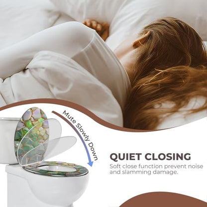 Round Resin Toilet Seat, Quietly Close Quick Release Hinges Cover | Toilet Lid Cover Easy to Clean and Install, Elegant Geometric Mosaic Shimmering Iridescent Leaves Heavy Duty Toilet Seat - color: pattern5, size: O-shape