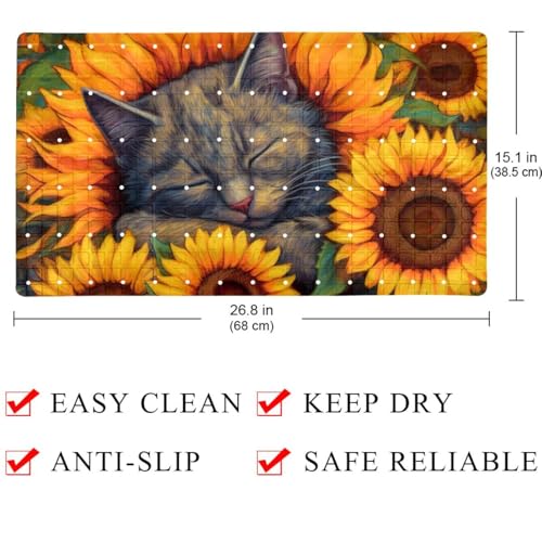 Shower Mat Non-Slip Bathtub Mats with Suction Cups and Drain Holes, Sleeping Cat Sunflower Design, Easy to Clean for Bathroom, 26.8x15.1In - color: Multi 13