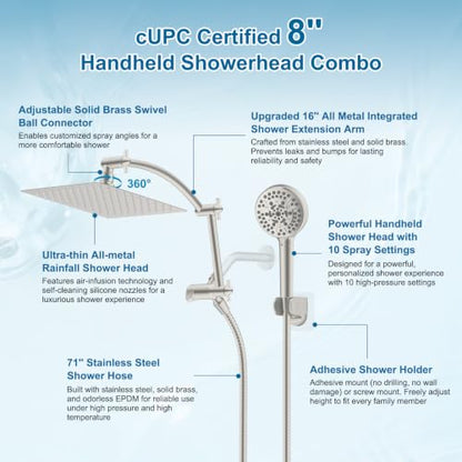 Hibbent All Metal 8" High Pressure Rain Shower Head Combo, Brushed Nickel | cUPC Certified Rainfall Shower Head with handheld 10 Sprays, 16'' Adjustable Extension Arm, 71'' Hose, Showerhead Holder - color: Brushed Nickel, style: Square 8''