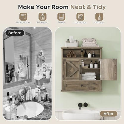 Bathroom Wall Cabinet, Wall Mounted Medicine Cabinet 24.4"H x 23.6"W x 9"D | With Drawer, Barn Doors & Adjustable Shelf, Grey Over Toilet Farmhouse Storage Cabinet for Kitchen, Laundry Room, Entryway - color: Grey