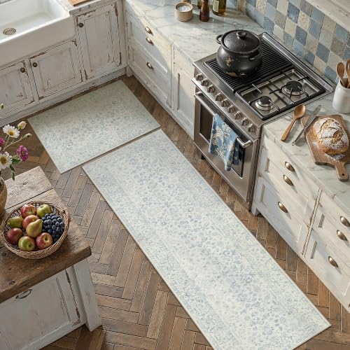 2'x3'+2'x6' Blue 2-Piece Kitchen Rug Set with Runner | Floral, Soft, Entryway, Hallway, Bathroom - color: Blue, size: 2' x 6' (Rug Set)