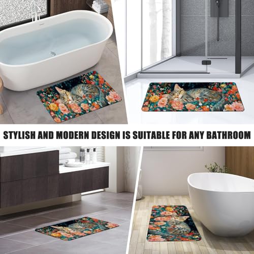 Bathroom Runner Mat Rugs Long,Cute Cat Kitten Pink Flower Design Diatomite Stone Bath Mat Large Absorbent Diatomaceous Earth Mat Non Slip Fast Dry Shower Mat Bathroom Rugs Floor Mat 16x42in - color: Design14