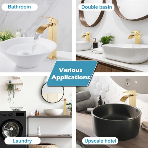 Midanya Waterfall Tall Bathroom Vessel Sink Faucet,Brushed Gold | with 24” cUPC Water Hoses,Pop Up Drain without Overflow,for 1 hole Vanity,RV,Lavatory,Bowl,Farmhouse,SUS304,Single Handle - color: Gold