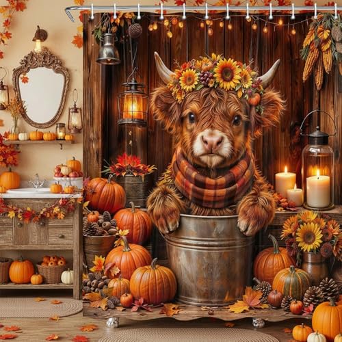 Fall Highland Cow Shower Curtain, Autumn Thanksgiving Pumpkin Funny Cow Rustic Barn Door Shower Curtain Set Bathroom, Western Farmhouse Brown Wood Board Harvest Fabric Bath Decor with Hooks,70X70IN - color: Orange, size: 70"W x 70"L (Pack of 1)