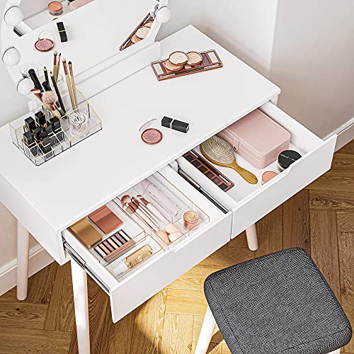 VASAGLE Makeup Vanity Set with 10 Light Bulbs and Touch Switch, Dressing Makeup Table Desk with Large Round Mirror, 2 Sliding Drawers, 1 Cushioned Stool, White URDT11WL - style: 31.5"W 2 Drawers Vanity Desk - White