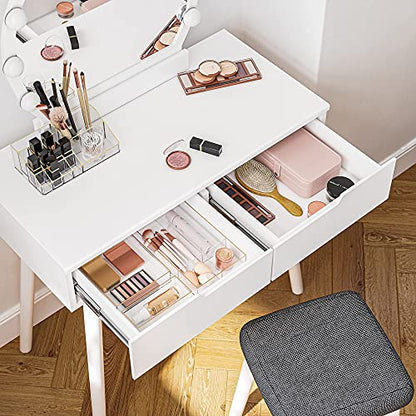 VASAGLE Makeup Vanity Set with 10 Light Bulbs and Touch Switch, Dressing Makeup Table Desk with Large Round Mirror, 2 Sliding Drawers, 1 Cushioned Stool, White URDT11WL - style: 31.5"W 2 Drawers Vanity Desk - White