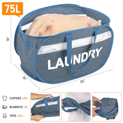 Collapsible Laundry Baskets, Foldable Laundry Basket with Dual Handles, Tear-proof Dirty Clothes Hampers for Laundry, Easy to Carry Pop Up Hamper for Bedroom, Bathroom, Dorm, Laundry Room Blue - color: Blue