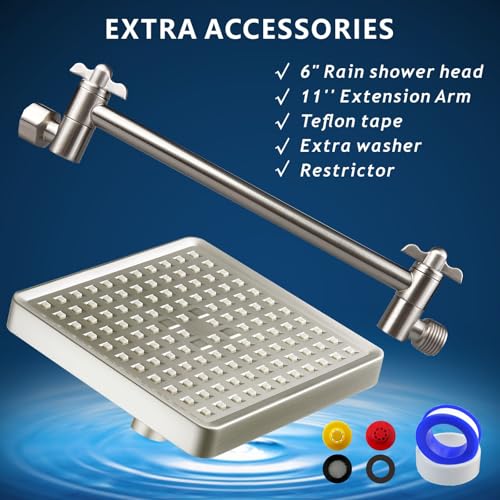 High Pressure Rain Shower Head with 11'' Extension Arm - High Flow Rainfall Showerhead - Luxury Modern Look - Pressure Boosting (Square, Matte Black) - color: Brushed Nickel, style: 6" Square