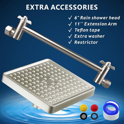 High Pressure Rain Shower Head with 11'' Extension Arm - High Flow Rainfall Showerhead - Luxury Modern Look - Pressure Boosting (Square, Matte Black) - color: Brushed Nickel, style: 6" Square