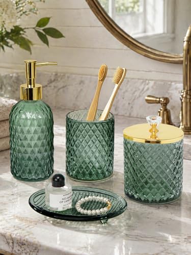 Haturi Glass Bathroom Accessories Set, Sage Green Bathroom Set, 4 Pcs | Kit w/ Bathroom Soap Dispenser Set, Toothbrush Holder, Qtip Holder,Soap Dish, Green Bathroom Decor, Gift for Home Apartment - style: Sage Green