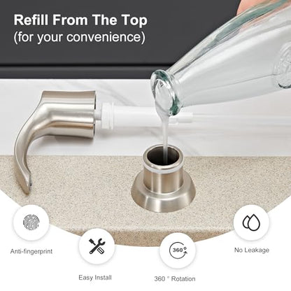 Kitchen Sink Soap Dispenser with 17 Ounce Large Bottle (Brushed Nickel), Built in Sink Soap Dispenser Sink Mounted Soap Dispenser Refill from Top, G080BN | Brushed Nickel, Built in Sink Soap Dispenser Sink Mounted Soap Dispenser, Refill from Top - color: