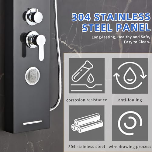 6 in1 Multi-Function Shower Panel Tower System-Brushed Black | 304 stainless steel Shower Panel Column Tower with Powerful Body Massage, Rainfall, Waterfall,Handheld and Tub Spout - color: Brushed Black, style: HSY-003