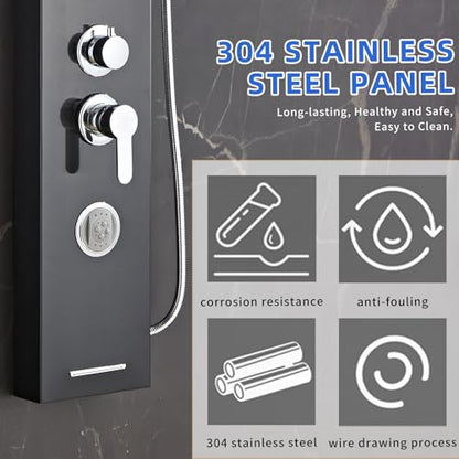 6 in1 Multi-Function Shower Panel Tower System-Brushed Black | 304 stainless steel Shower Panel Column Tower with Powerful Body Massage, Rainfall, Waterfall,Handheld and Tub Spout - color: Brushed Black, style: HSY-003