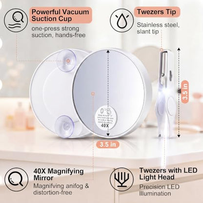 LED Lighted Tweezers & 40X Magnifying Mirror with Suction Cup Set, 2 in 1 No-Hands Makeup Mirror with Light and Precision Light Up Tweezers (White) - color: White