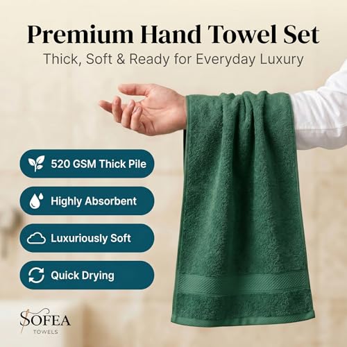 Sofea Hand Towels 6 Pack (16 x 28 Inches) 100% Cotton Bathroom Towels, Soft Absorbent Quick Dry Hand Towels for Bathroom Kitchen - color: Forest Green