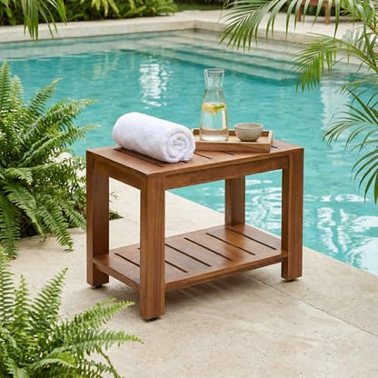 Teak Shower Bench with Shelf, 24” Wide, Shower Stool, Fully Assembled Bathroom Shower Seat, Water-Resistant Spa Bath Bench for Shower, Bathroom & Entryway, The Tara