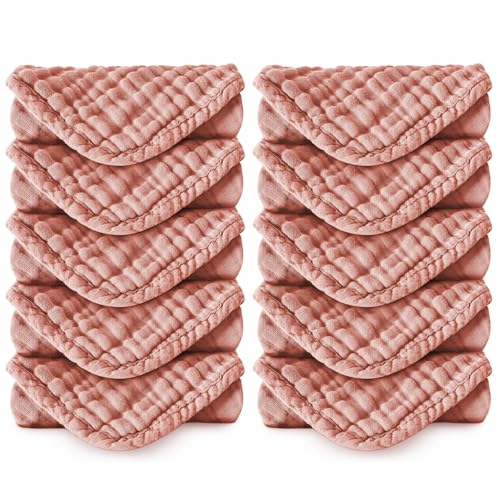 10 Pack Baby Washcloths - Soft Face Muslin Burp Cloths for Baby Towels, Absorbent Bath Wash Cloths, Wipes, Burp Rags - Toddlers Essentials Stuff, Baby Registry Search as Shower -11.8"x11.8" - color: Pink-10Pack-Binding