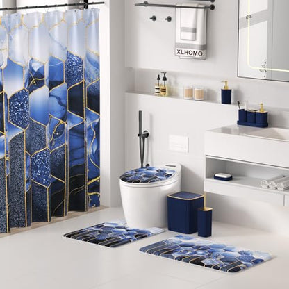XLHOMO Bathroom Set - 26PC Bathroom Set with Shower Curtain and Rugs, Bathroom Accessory Set, Navy Blue Bathroom Sets, Trash Can & Soap Dispenser - style: Navy Blue&Gold