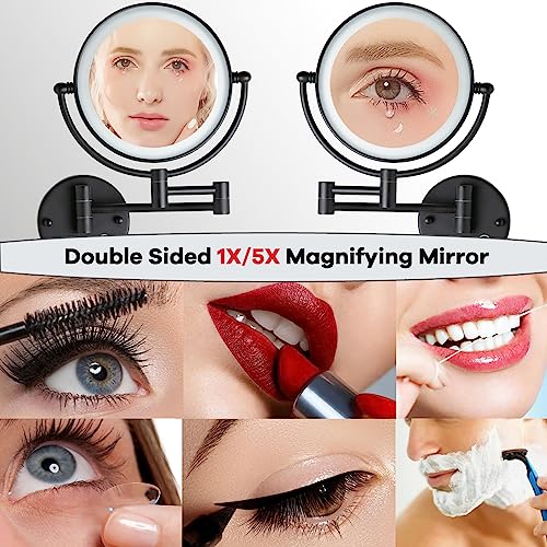 Wall Mounted Magnifying Makeup Mirror, 5X, Light, Matt Black, Rechargeable | Brass Extended Arm, 360 Rotation 8" Shaving Vanity for Bathroom, No Pre-Installed Wire, SEALANT FIX