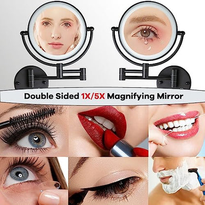 Wall Mounted Magnifying Makeup Mirror, 5X, Light, Matt Black, Rechargeable | Brass Extended Arm, 360 Rotation 8" Shaving Vanity for Bathroom, No Pre-Installed Wire, SEALANT FIX