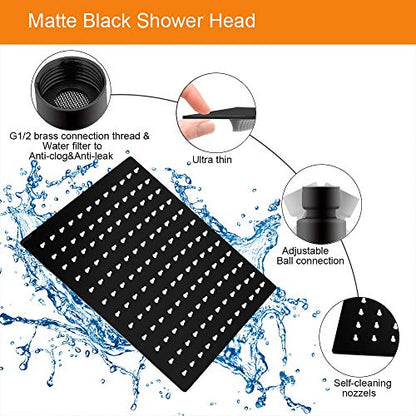 Shower Head with Extension Arm, High Pressure Square with ShowerArm, Stainless Steel Rainfall -Waterfall Full Body Coverage (12'' Shower with 16'' Arm, Matte Black) - color: Matte Black, size: 12'' Shower with 16'' Arm