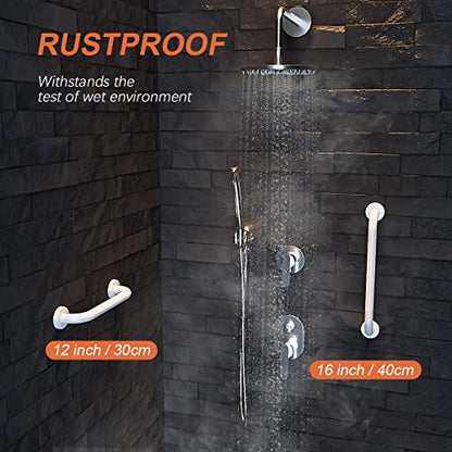 2 Pack White Grab Bar 12 Inch, Grab Bar for Bathtub and Shower | Anti-Slip Knurled Grip, Stainless Steel, Bathroom Handle for Elderly, Balanced Assist Bar, Wall Mounted Handicap Safety Bars