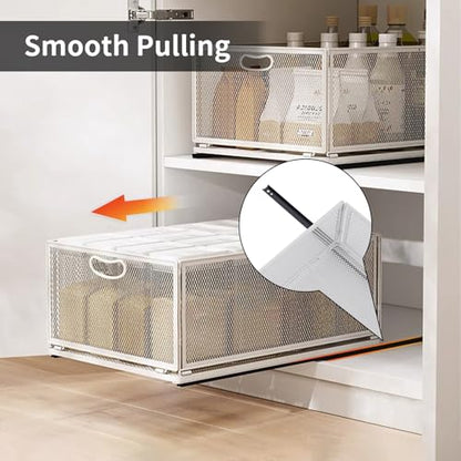 Sliding Cabinet Basket Organizer Drawer Self Adhesive Slide out Pantry Shelves Heavy Duty Carbon Steel Slide Cabinet Storage Basket with Handle for Bathroom Kitchen Home - size: Large