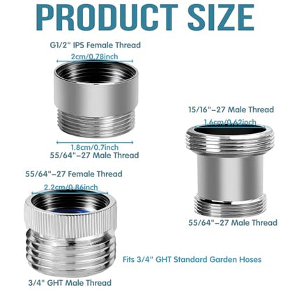 3Pcs Brass Faucet to Hose Adapter with Aerator, Sink Hose Adapter Set with Washers & Tape – Fits G1/2" Female, 55/64" Female, and 15/16" Male, Connects to 3/4" GHT Garden Hose - color: Silver