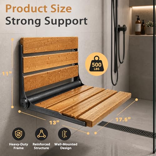 Folding Shower Seat Teak, Bath Safety Furniture Stainless Steel, Shower Seats for Elderly, Fold Down Shower Seat (Black) - color: Teak and Black Stainless Steel
