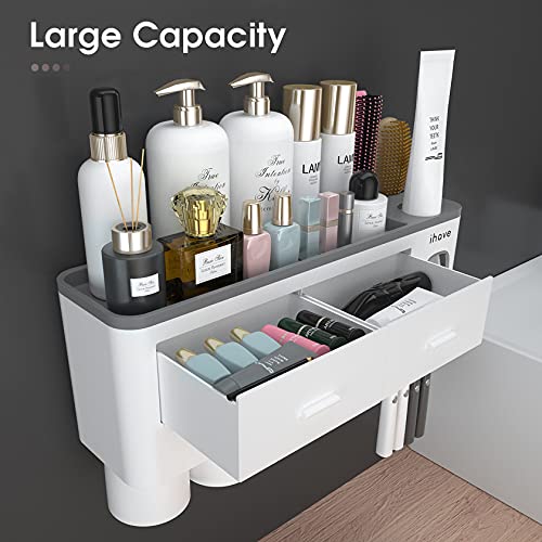 iHave Toothbrush Holders Wall Mounted with Toothpaste Dispenser & 4 Cups | All-in-One Bathroom Organizer: 4 Cups, 7 Slots, Toothpaste Dispenser, Large Tray & Drawer. Wall Mount, No Drilling Required - color: White, size: 4 cup