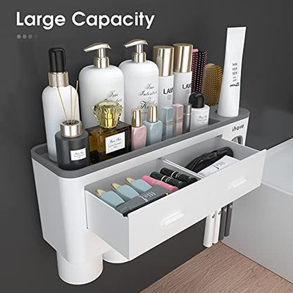 iHave Toothbrush Holders Wall Mounted with Toothpaste Dispenser & 4 Cups | All-in-One Bathroom Organizer: 4 Cups, 7 Slots, Toothpaste Dispenser, Large Tray & Drawer. Wall Mount, No Drilling Required - color: White, size: 4 cup