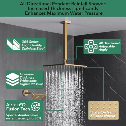 VANFOXLE Shower System, Brushed Gold Shower Faucet Set, Four Modes | 10 Inch Ceiling Mount Head Increased Thick, 6 Inch Second Head, 2-in-1 Handheld Combo, 4 PCS Dual Mode Body Jets, Brass Valve - color: Brushed Gold
