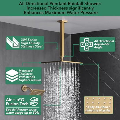 VANFOXLE Shower System, Brushed Gold Shower Faucet Set, Four Modes | 10 Inch Ceiling Mount Head Increased Thick, 6 Inch Second Head, 2-in-1 Handheld Combo, 4 PCS Dual Mode Body Jets, Brass Valve - color: Brushed Gold