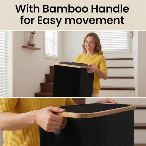 efluky Slim Laundry Basket with Lid, Narrow Laundry Hamper with Removable Bag, Skinny Dirty Clothes Basket with Bamboo Handles for Bathroom, Bedroom & Laundry Room, 65L Black - color: Black, size: 65L
