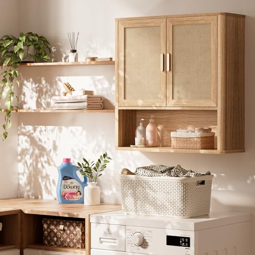 Rattan Bathroom Wall Cabinet with Open Compartments, Wall-Mounted Medicine Cabinet with Adjustable Wood Shelf & Doors, Over the Toilet Storage Cabinet for Laundry Room & Kitchen & Living Room - color: Oak Wood