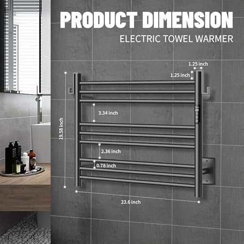K&KALONZO Wall-Mounted 9-Bar Heated Towel Rack, Fast Heat in 2 Min, NTC Safety | 4 Timers & 3 Heat Levels Control, Plug-In/Hardwired, Top Hooks, Memory Function, Anti-Scald, Stainless Steel, EL13SB - color: Matte Black, size: H 19.7 x W 23.6