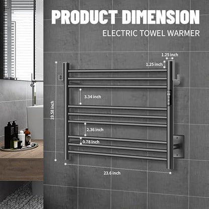 K&KALONZO Wall-Mounted 9-Bar Heated Towel Rack, Fast Heat in 2 Min, NTC Safety | 4 Timers & 3 Heat Levels Control, Plug-In/Hardwired, Top Hooks, Memory Function, Anti-Scald, Stainless Steel, EL13SB - color: Matte Black, size: H 19.7 x W 23.6