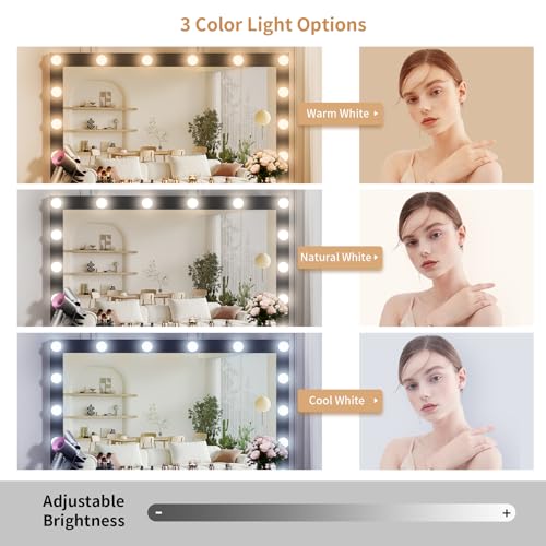 VOWNER Vanity with Lighted Mirror - Makeup Vanity Desk with Power Outlet and 7 Drawers, 3 Color Lighting Modes Adjustable Brightness, 44" Vanity Table with Soft Cushioned Stool for Women Girls, Black - color: Black