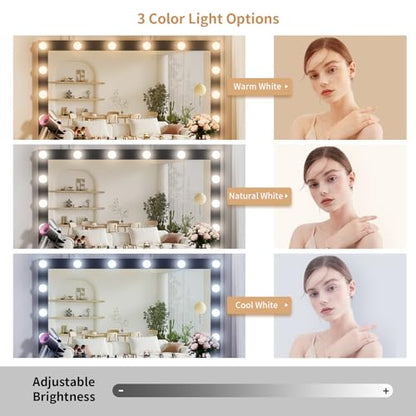 VOWNER Vanity with Lighted Mirror - Makeup Vanity Desk with Power Outlet and 7 Drawers, 3 Color Lighting Modes Adjustable Brightness, 44" Vanity Table with Soft Cushioned Stool for Women Girls, Black - color: Black