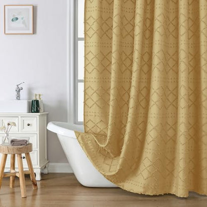 Gold Stall Boho Shower Curtain, Modern Tufted Plaid Striped Narrow Half Size Fabric Shower Curtain, Farmhouse Tufted Textured Shower Curtains for Bathroom, 36" W x 72" L - color: Gold, size: 36"W x 72"L (Pack of 1)
