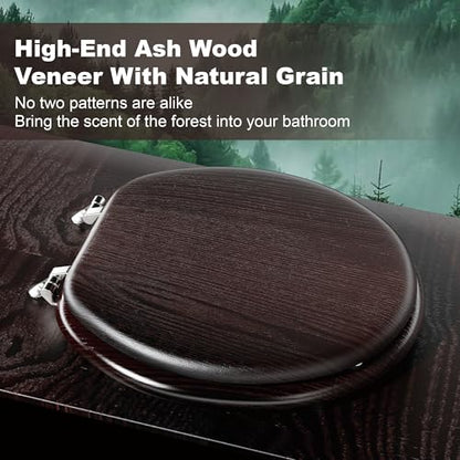Round Wood Toilet Seat Support 400 lbs, Heavy Duty Wooden Toilet Seat with Natural Wood Veneer for Bathroom, Dark Walnut Toilet Lid with Chrome Hinges, Grip-Tight Bumpers, Easy Clean, Easy Install