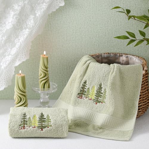 SmoothNovelty 2 Pcs Forest Hand Towels Gray Green Bathroom Decor 14x29 Inch Embroidered 100% Cotton Soft Absorbent Nature Scene Decorative Hand Towels for Bathroom Kitchen - style: Forest