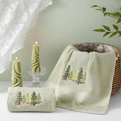 SmoothNovelty 2 Pcs Forest Hand Towels Gray Green Bathroom Decor 14x29 Inch Embroidered 100% Cotton Soft Absorbent Nature Scene Decorative Hand Towels for Bathroom Kitchen - style: Forest