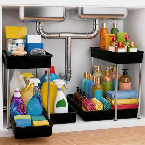 2-Tier Under Sink Organizer with Smooth Rolling Wheels, Pull-Out Bottom Storage Drawer with Easy-Lift Handle, Metal & Plastic Sliding Cabinet Organizer for Kitchen & Bathroom, Black, 2 Pack - color: Black