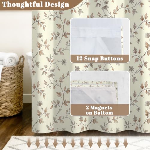 Beige Botanical Shower Curtain with Snap in Liner, 71x74 Inch | No Hooks Needed, Mesh Top & Double Layer Waterproof Bath Curtain, Neutral Plant Vine & Leaf Design for Farmhouse Bathroom - color: Foliage
