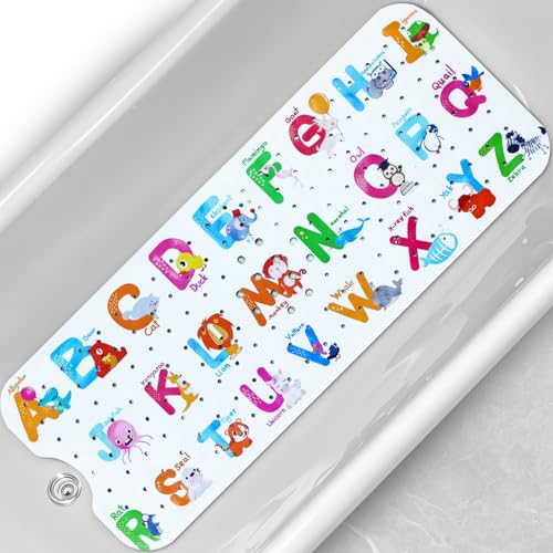 Baby Bath Tub Mat, Extra Large Non Slip Kids Cartoon Bathtub Shower Mats with Suction Cups & Drain Holes, Machine Washable for Bathroom, 40 x 16 Inch, Alphabet Animals Pattern - color: Alphabet Animals