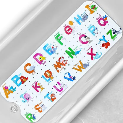 Baby Bath Tub Mat, Extra Large Non Slip Kids Cartoon Bathtub Shower Mats with Suction Cups & Drain Holes, Machine Washable for Bathroom, 40 x 16 Inch, Alphabet Animals Pattern - color: Alphabet Animals